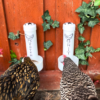 Chickens eating from grit and oyster shell feeders