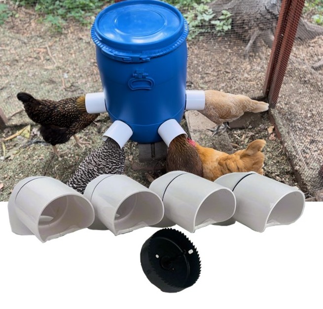 Chickens eating out of a blue barrel feeder. Shows four ports and hole saw bit.