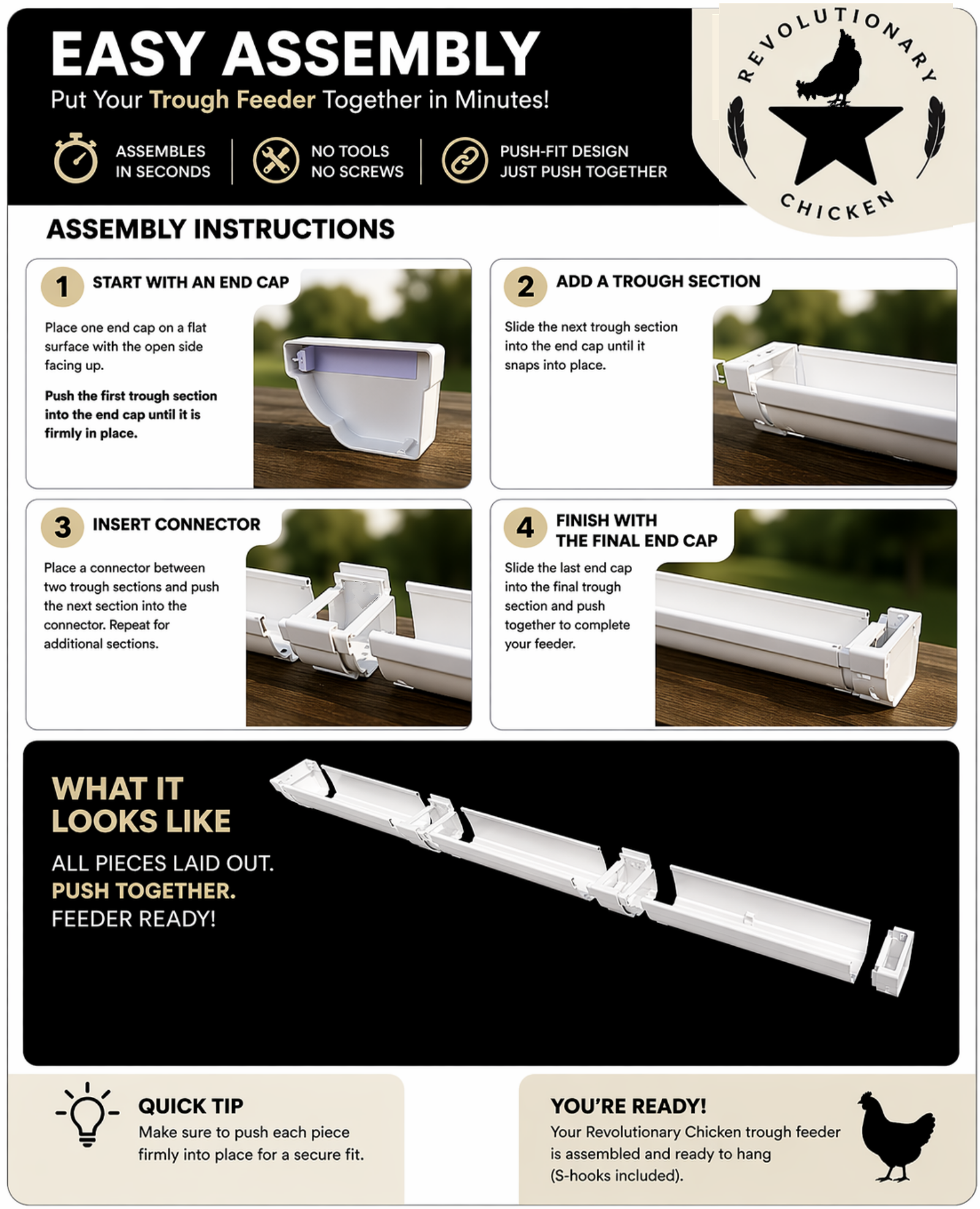 Assembly of Revolutionary Chicken rain gutter feeder